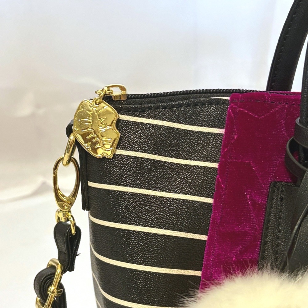 NWT Luv Betsey by Betsey Johnson Striped Star Velvet Purse with white fluff ball - Picture 4 of 13